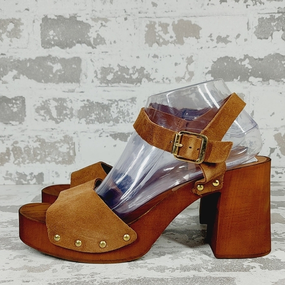 New Steve Madden Alabama Platform Suede Brown Strap Wooden Studded Sandals F659 - Picture 1 of 13